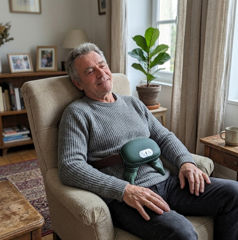 Homme souriant dans son fauteuil avec le masseur chauffant Mitaine