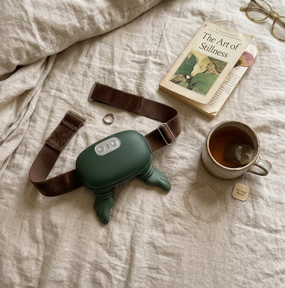 Le masseur posé sur un lit, à côté d'un livre et d'une tasse de thé