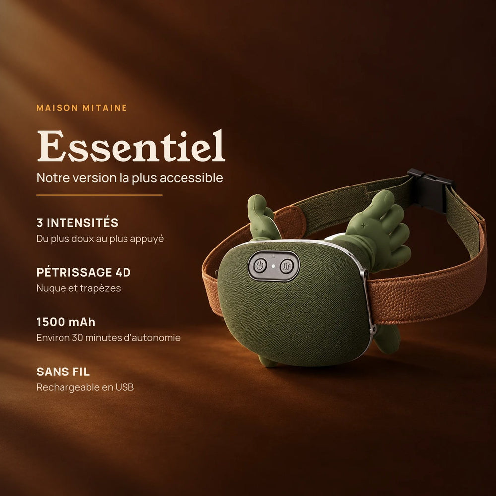Masseur Mitaine Essentiel : 3 intensités, pétrissage 4D, batterie 1500 mAh pour environ 30 minutes, sans fil